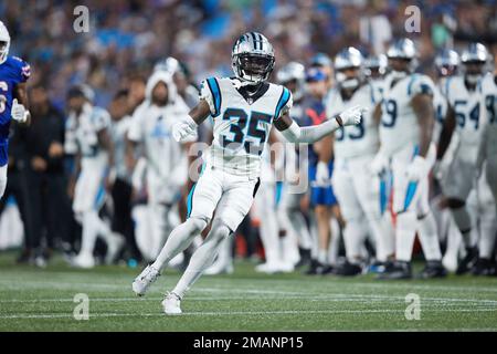 Buffalo Bills defensive end Boogie Basham (55) stands on the sideline  during an NFL preseason football game against the Carolina Panthers,  Saturday, Aug. 26, 2022, in Charlotte, N.C. (AP Photo/Brian Westerholt Stock