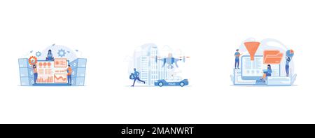 Laptop with data visualization software and developers working, Police car and drone tracking thieve in mask with money and crime scene, Dashboard con Stock Vector