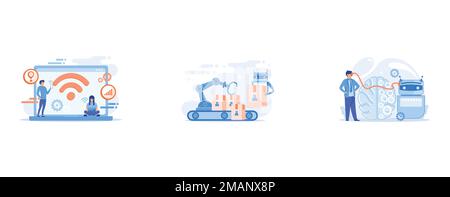 Business people using laptop and smartphone with WiFi connection, Robot substituting human working with boxes on conveyor belt and robotic arm, Modern Stock Vector