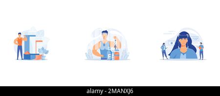 Bodybuilder with sports nutrition plastic containers with protein powder, Tiny people doctor with syringe doing anabolic steroids injection to an athl Stock Vector