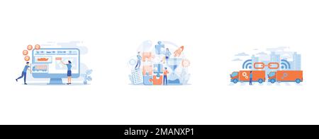 Logistics industry and freight profit analyzing, Project management, Trucks connected into platoon with connectivity technologies, set flat vector mod Stock Vector