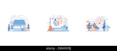 24 hours open shop, Online financial consulting, Office meeting, brainstorm, set flat vector modern illustration Stock Vector