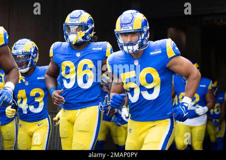 Linebacker Jake Hummel of the Los Angeles Rams intercepts a pass