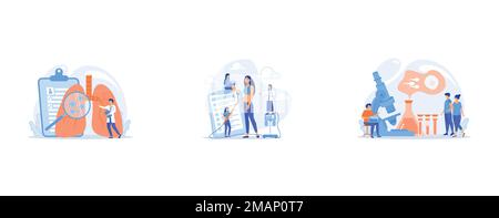 Huge magnifier showing cancer in the lungs and doctor with document folder, Plastic surgeon with a suction tube doing liposuction of woman marked body Stock Vector