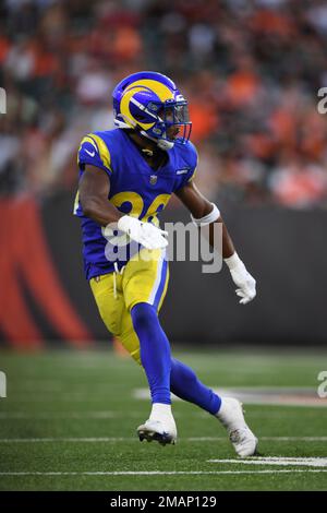 Los Angeles Rams cornerback Grant Haley (36) takes his stance during an NFL  football game against the Dallas Cowboys Sunday, Oct. 9, 2022, in  Inglewood, Calif. (AP Photo/Kyusung Gong Stock Photo - Alamy