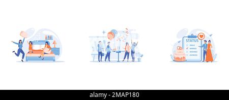 Happy tiny people female teens pillow fight in bedroom at slumber party, Happy tiny business people dancing, having fun and drinking wine, Married cou Stock Vector