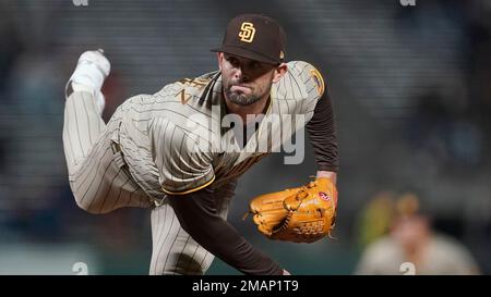 San Diego Padres' Nick Martinez reacts as he walks to the dugout in the  sixth inning of a baseball game against the Texas Rangers Sunday, July 30,  2023, in San Diego. (AP