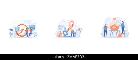 Businessmen use solar energy panels to produce electricity for the city, Human papillomavirus development, Scientists in lab working with huge DNA cha Stock Vector