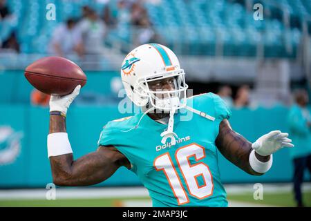 Miami Dolphins wide receiver Mohamed Sanu (16) is shown during a timeout in  the first half of a NFL preseason football game against the Philadelphia  Eagles, Saturday, Aug. 27, 2022, in Miami