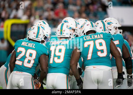 Miami. FL USA; Miami Dolphins quarterback Skylar Thompson (19) drops back  and looks for an open receiver during an NFL game against the Houston Texan  Stock Photo - Alamy