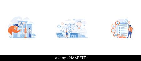 Patient getting medical treatment for dependency on psychoactive substances, Scientist with sustainable development ideas solar panels, hydropower, wi Stock Vector