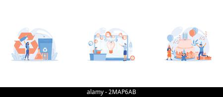 Businesswoman recycling plastic detergent bottle to produce chemicals, Businessman with new project at laptop and people funding it via internet, Happ Stock Vector