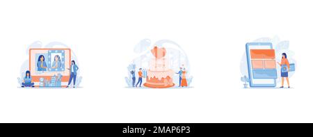 Female user watches beauty blogger showing latest trend makeup tutorial, Bride and groom at wedding party and guests with gifts at big cake, Mobile so Stock Vector