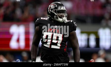 Carolina Panthers defensive tackle Derrick Brown (95) celebrates during the  first half of an NFL football game against the Atlanta Falcons, Sunday,  Sep. 10, 2023, in Atlanta. The Atlanta Falcons won 24-10. (