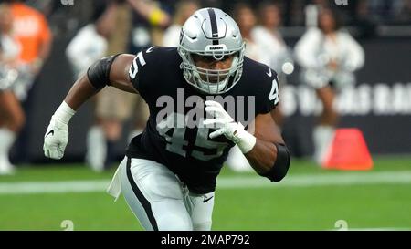 Las Vegas Raiders fullback Jakob Johnson (45) leaves the field against the  Indianapolis Colts during the