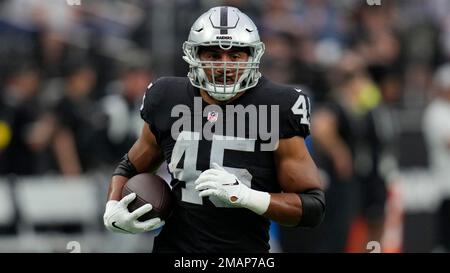 Las Vegas Raiders fullback Jakob Johnson (45) leaves the field against the  Indianapolis Colts during the