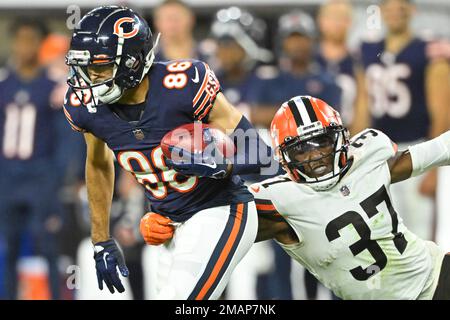 Cleveland Browns safety D'Anthony Bell (37) celebrates during an NFL  preseason football game against the Chicago Bears, Saturday, Aug. 27, 2022,  in Cleveland. The Bears won 21-20. (AP Photo/David Richard Stock Photo -  Alamy