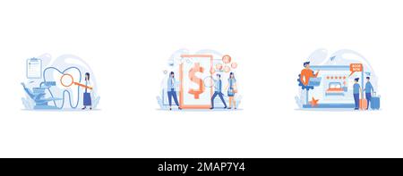 Dentist with magnifier on ladder examining huge patient tooth and dental chair, Clients with magnifier get e-invoicing and pay bills online, Room rese Stock Vector