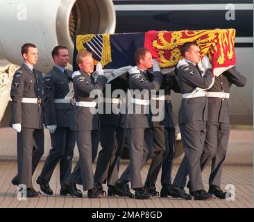 The coffin of Diana, Princess of Wales, is carried on a gun