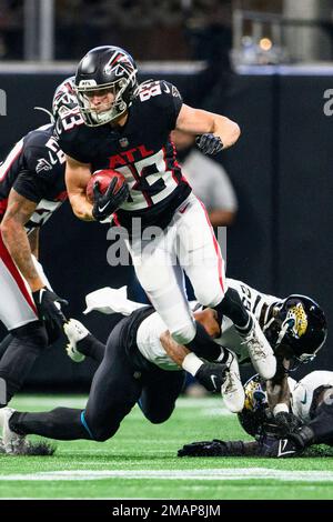 Atlanta Falcons wide receiver Jared Bernhardt (83) runs with the ball  against the New York Jets