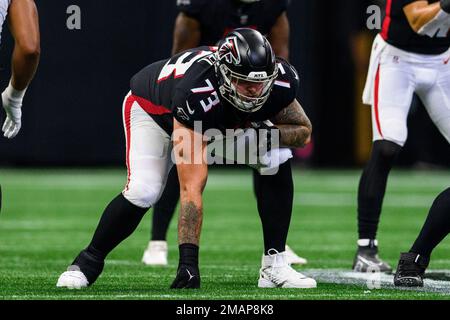 Jacksonville Jaguars defensive end De'Shaan Dixon (47) works against  Atlanta Falcons offensive tackle Tyler Vrabel (73) during the first half of  an NFL football game, Saturday, Aug. 27, 2022, in Atlanta. The