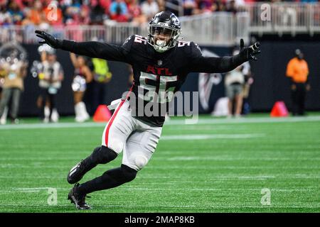 Atlanta Falcons linebacker Quinton Bell (56) looks on against the New York  Jets during a preseason NFL football game Monday, Aug. 22, 2022, in East  Rutherford, N.J. (AP Photo/Adam Hunger Stock Photo - Alamy