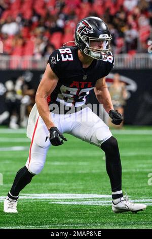 Atlanta Falcons wide receiver Jared Bernhardt (83) runs the ball past New  York Jets cornerback Javelin Guidry (40) during the first half of an NFL  football game, Monday, Aug. 22, 2022, in