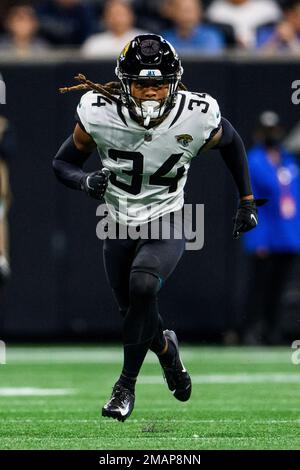 Jacksonville Jaguars cornerback Gregory Junior (34) defends during the  first half of the NFL football exhibition Hall of Fame Game against the Las  Vegas Raiders, Thursday, Aug. 4, 2022, in Canton, Ohio.