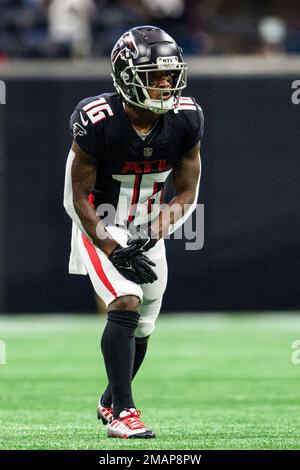 Atlanta Falcons wide receiver Cameron Batson (16) makes the catch against  Jacksonville Jaguars cornerback Brandon Rusnak (29) during the second half  of an NFL football game, Saturday, Aug. 27, 2022, in Atlanta. (