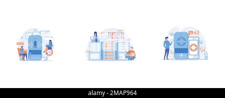 Smart speaker used by office workers, Database analysts with laptops working with data in the center, User playing music on smart speaker and mobile p Stock Vector