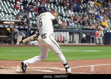 Milwaukee Brewers' Garrett Mitchell warms up before a baseball game against  the St. Louis Cardinals Friday, April 7, 2023, in Milwaukee. (AP  Photo/Aaron Gash Stock Photo - Alamy