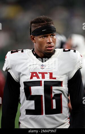 Atlanta Falcons linebacker Quinton Bell (56) works during the first half of  an NFL football game against the San Francisco 49ers, Sunday, Oct. 16, 2022,  in Atlanta. The Atlanta Falcons won 28-14. (