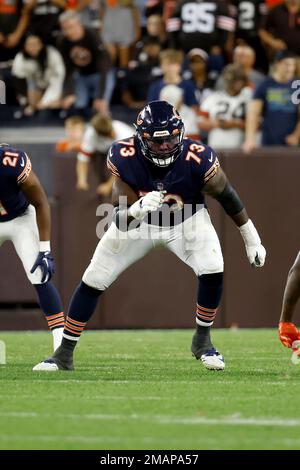 Chicago Bears offensive tackle Riley Reiff (78) and offensive tackle  Lachavious Simmons (73) attempt to block Cleveland Browns defensive tackle  Perrion Winfrey (97) during an NFL preseason football game, Saturday Aug.  27