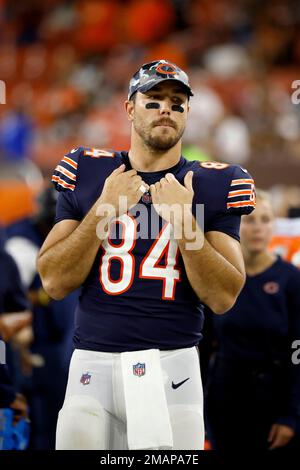 Chicago Bears tight end Ryan Griffin (84) celebrates after making a  touchdown against the Cleveland Browns during the first half of an NFL  preseason football game, Saturday, Aug. 27, 2022, in Cleveland. (