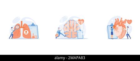 Doctor with magnifier and lungs with skull and crossbones, Huge brain with red circles pain epicenter and doctor running, Doctor with stethoscope list Stock Vector
