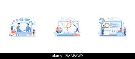 Profitable partnership, business partners cowork, Scientists looking at DNA and charts with magnifier on laptop, Professor with charts teaching studen Stock Vector