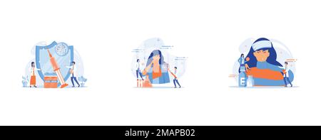 Tiny people doctors and syringe with vaccine, shield, Female patient sneezing, taking a pill from doctor and allergen under magnifier, Sick woman with Stock Vector