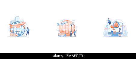 Man check Internet store shipment, Courier carrying order, delivering parcel, Computer with megaphone and businessman with laptop and shopping bag, se Stock Vector