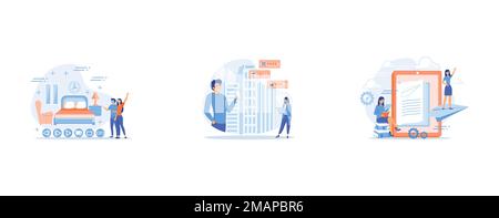 Couple in VR glasses, People checking cafe, bar and retail shop rates and ranks with smartphones, User with book and tablet watching himself flying on Stock Vector