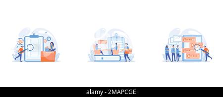 Financial analyst with magnifier looking at cash flow statement on clipboard, HR specialist having an interview with job applicant and candiadates wai Stock Vector
