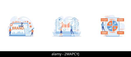 Brand reputation, brand management, sales driving strategy concept, Customer receiving automated marketing message, tiny people, Businesswoman standin Stock Vector