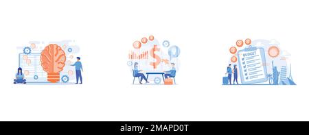 Big brain with circuit and programmers, Salesperson suggesting a solution idea to consumers problem, Vacation fund, summer spending plan, vacation bud Stock Vector