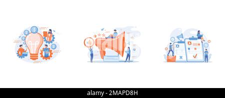 Business people in gears with laptops working and lightbulb, Users with like and share icons and megaphone, Company hr managers hiring a new employee Stock Vector