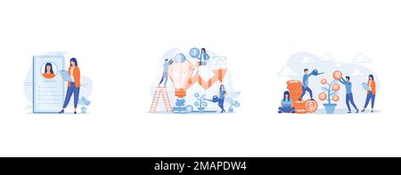 Digital promotion, social media networks advert, Tiny business people investing into innovation with high potential, Financial literacy, set flat vect Stock Vector