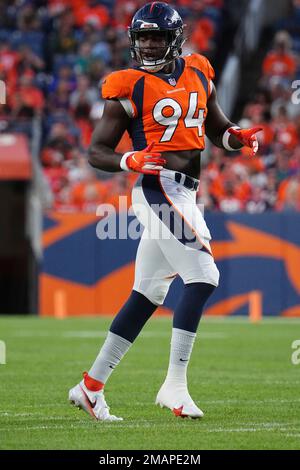 Denver Broncos Linebacker Aaron Patrick (94) warms up before playing against  the Los Angeles Chargers in an NFL football game, Monday, Oct. 17, 2022, in  Inglewood, Calif. (AP Photo/Jeff Lewis Stock Photo - Alamy