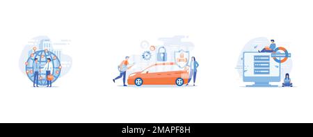Successful partnership negotiation, partners handshaking, Car alarm system, anti-theft system, vehicle thefts statistics concept, Tiny people programm Stock Vector
