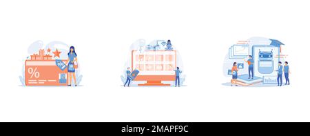 Discount card with percent sign and woman with discount tag, Smart TV accessories, interractive TV entertainment, gaming TV tools concept, Programmers Stock Vector