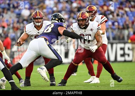 Washington Commanders offensive tackle Aaron Monteiro (67) blocks during an  NFL preseason football game against the Cincinnati Bengals, Saturday,  August 26, 2023 in Landover. (AP Photo/Daniel Kucin Jr Stock Photo - Alamy