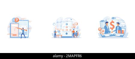 Businessman completing online survey form on smartphone screen, Businessmen work with improvement diagrams and charts, Demand planning, demand analyti Stock Vector