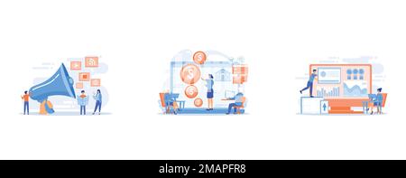 Tiny peple, marketing manager with megaphone and push advertising, Financial consultant calculating pensioners fund, Enterprise IT management, IT soft Stock Vector